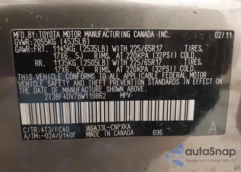 2011 Toyota Rav4 из США, поврежденный, VIN 2T3BF4DV7BW119862